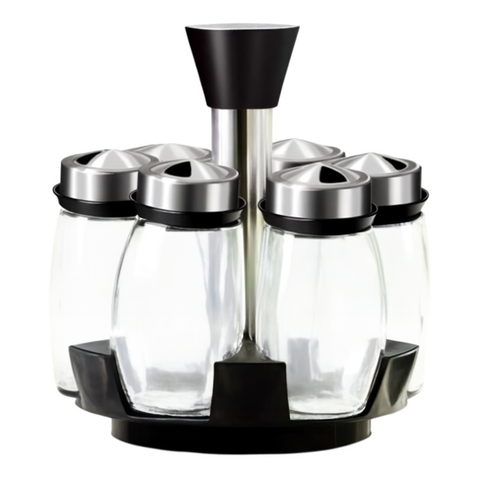 Porta Tempero Giratório Inox 6 Potes de Vidro 120ml Premium