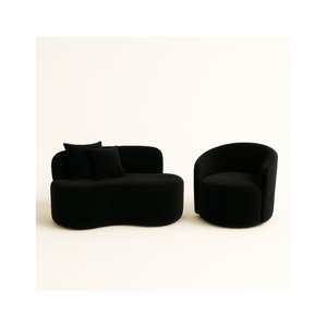 Conjunto 01 Poltrona + Sofá Curvo Orgânico Nature Gaia Suede Preto - Montanaris Decor