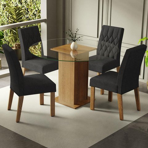 Conjunto Sala de Jantar Mesa Tampo de Vidro Redondo 4 Cadeiras Rustic/oxford Irene Madesa