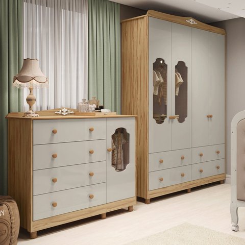 Quarto de Bebê com Guarda-Roupa e Cômoda em MDF Maya Provençal Yescasa Bege Off White/Amêndoa