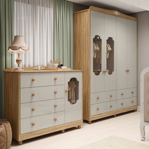 Quarto Bebê com Guarda-Roupa e Cômoda Janelados em MDF Maya Provençal Yescasa Bege/Amêndoa/Off White
