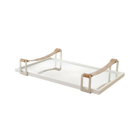 Bandeja Decorativa Espelhada Tray Alça Couro Marrom - Off White
