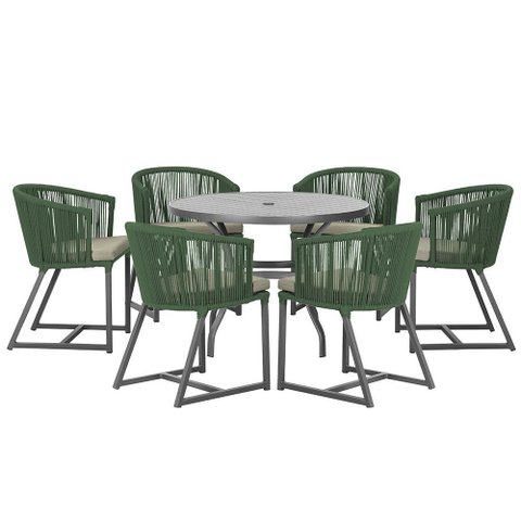 Mesa com 6 Cadeiras de Jantar Roma 120cm e Noronha em Alumínio Preto Corda Náutica Estofado 8 Trama