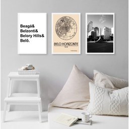 Kit 3 Quadros Decorativos Belo Horizonte-mapa Cidade 24x18cm - com Vidro:madeira Preta - 1