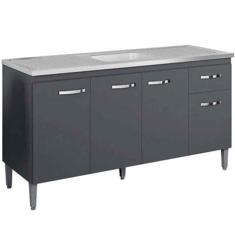 Balcão de Pia sem Tampo 150 Cm 4 Portas 1 Gaveta Graziela Cinza