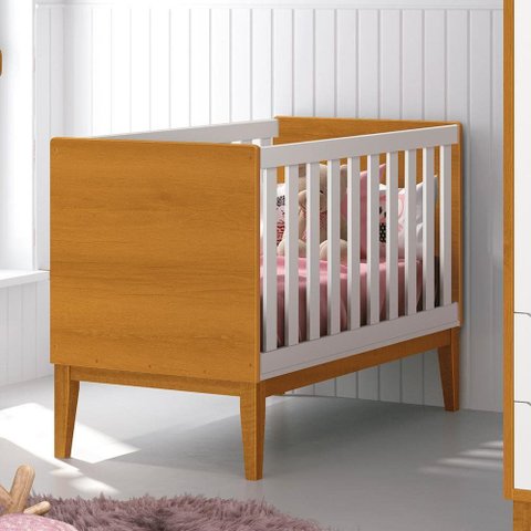 Berço Mini Cama Classic Branco/Savana com Pés Amadeirado - Reller Móveis