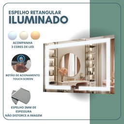 Espelho Retangular 50cm X 70cm Iluminado Touch Screen Led 3 Cores - 6
