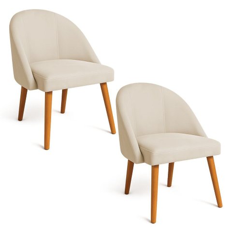 Kit 02 Cadeiras Poltrona de Jantar Luna Suede Bege Pés Palito Castanho - Pallazio