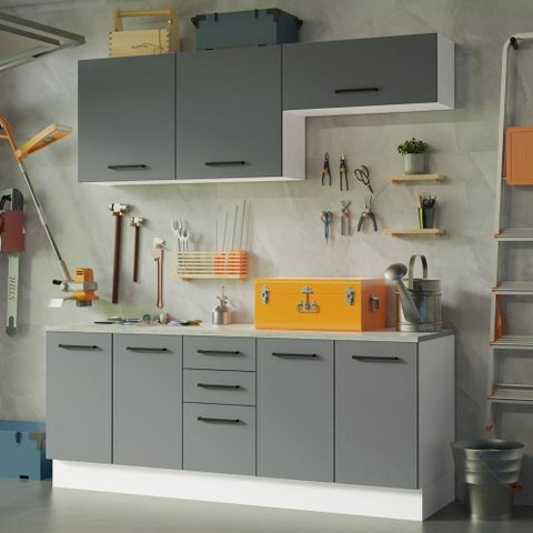 Kit com 2 Balcões e 2 Armários Aéreos Multiuso 200cm Branco/cinza Agata Madesa Branco/cinza