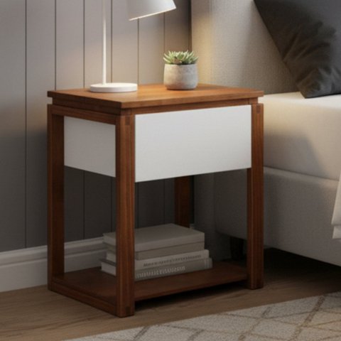 Mesa de Cabeceira 1 Gaveta e 1 Prateleira em Madeira Maciça e MDF Craft Branco
