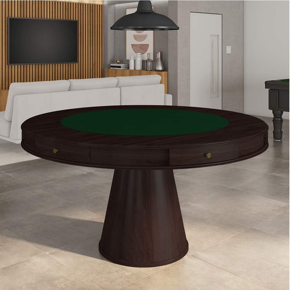 Mesa de Jogos Carteado 6 Lugares Bellagio com Gavetas e Tampo Reversível Base Cone com Tecido Tabaco