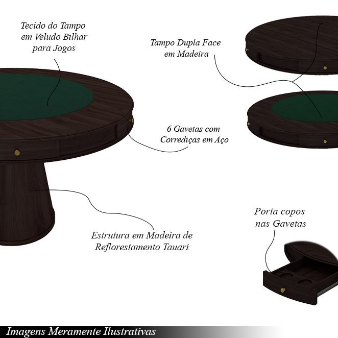 Mesa de Jogos Carteado 6 Lugares Bellagio com Gavetas e Tampo Reversível Base Cone com Tecido Tabaco - 3