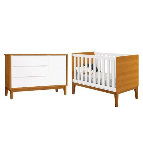 Jogo de Quarto Infantil Cômoda 1 Porta e Berço Classic Branco/Savana com Pés Amadeirado - Reller