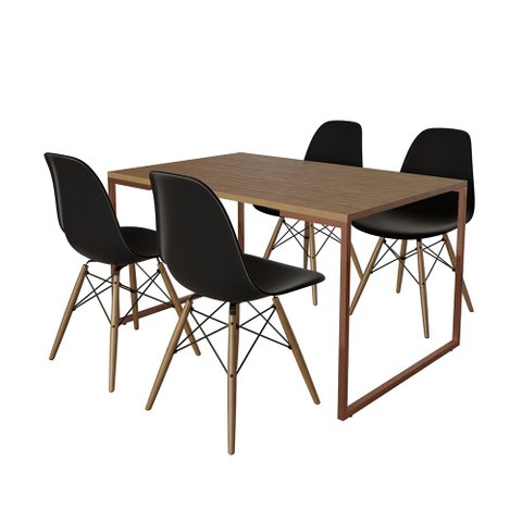 Mesa Industrial Base Ferro Cobre Tampo 137x90 Amêndoa 4 Cadeiras Eames Madeira Assento Preto