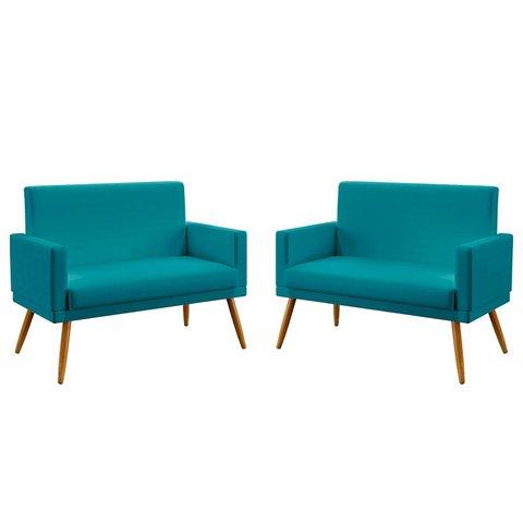 Kit 2 Poltronas Namoradeira Nina com Rodapé Suede Azul Turquesa Aradecor