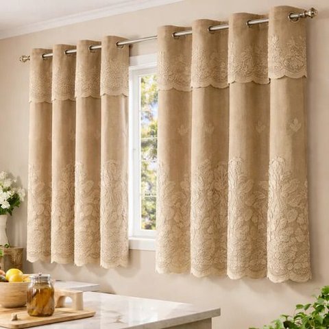 Cortina Renda Cozinha Tulipa Marrom 2,00LARG X 1,50ALT