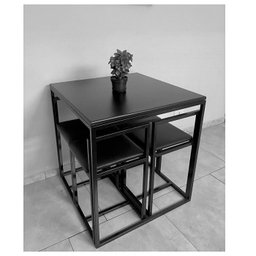 Conjunto Mesa 4 Cadeiras Pequena Estofado Preto Industrial Wood Box - 4