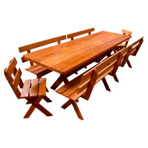 Conjunto Mesa Rústica 2,5m 4 Bancos e 2 Cadeiras Madeira Maciça Angelim