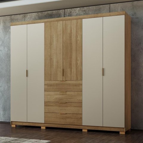 Guarda Roupa Casal Dubai Ouro 6 Portas de Bater 4 Gavetas MDF Nature-Fendi Vila Rica 260cm