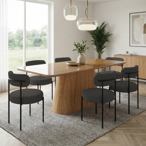 Mesa Jantar Vidro 160cm Nature Kit 6 Cadeiras Aço Preto Bouclê H02 - D'Rossi