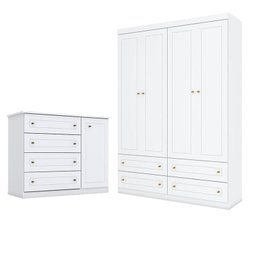 Cômoda e Guarda Roupa Infantil Americano 4 Portas Branco Hp - Henn - 1