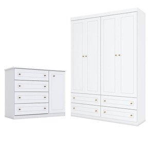 Cômoda e Guarda Roupa Infantil Americano 4 Portas Branco Hp - Henn