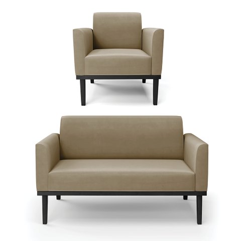 Conjunto Poltrona e Namoradeira Decorativa Isabella Pés Fixo em Madeira Preto Suede Nude G19 - Gran 