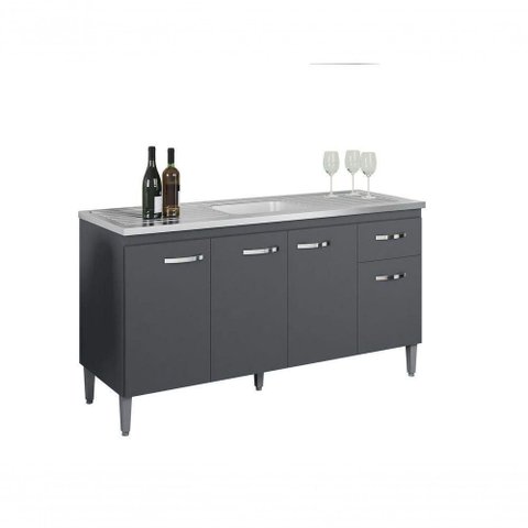 Balcão Gabinete para Pia Gabriela com Tampo 150cm 4 Portas 1 Gaveta Cinza Fosco