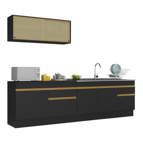 Armário de Cozinha Compacta 270cm com Rodapé Veneza Multimóveis V2112 Preto/Dourado