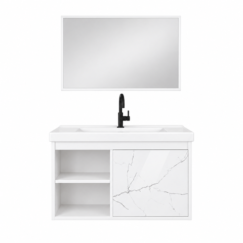 Kit Banheiro MDF 0,63m com Cuba e Espelheira Branco Rajado Brilho Rainha Dos Gabinetes:Branco/Branco