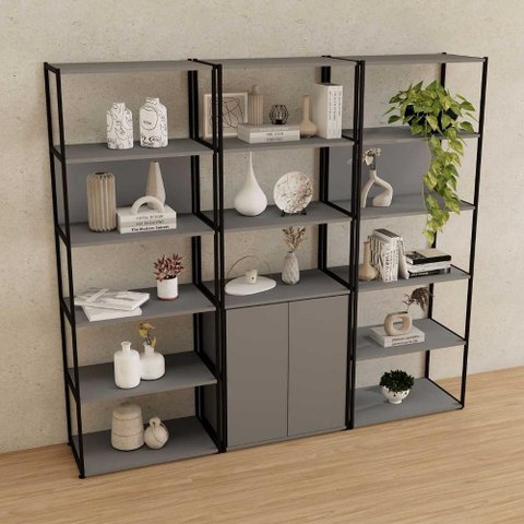 Estante Industrial 3 Torres Portas Prateleiras Metal Madeira Cor:cinza Sagrado com Preto