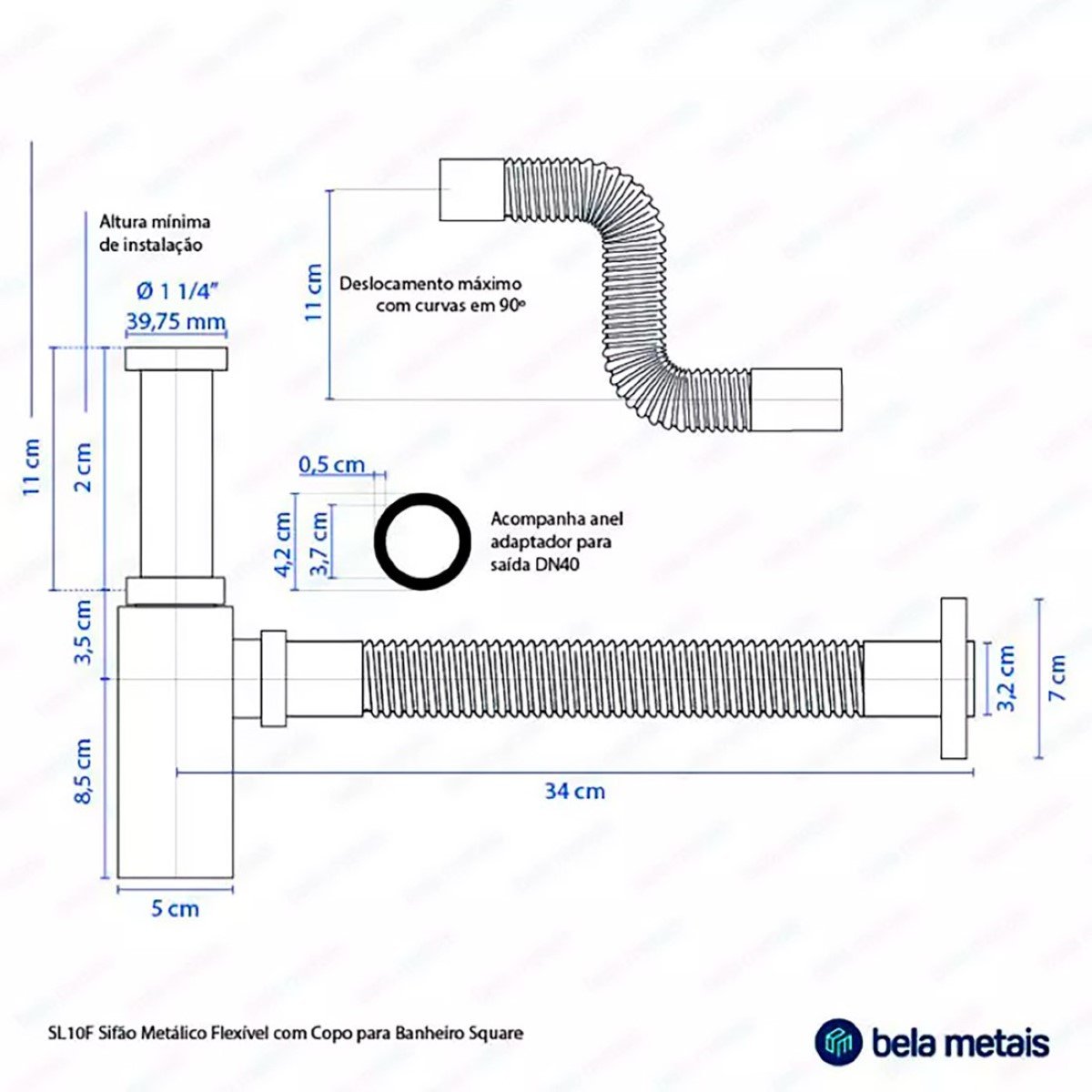 Sifão Metálico Flexível com Copo para Banheiro Square Preto para Válvula de 1.1/4" - 6