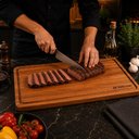 Ver imagem 2 de Tabua Teca Extra Grande para Churrasco Madeira Nobre Lisa Bandeja de Servir Cortar Carne Gourmet Pro