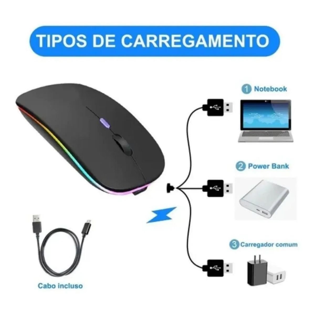 Mouse Sem Fio Recarregável Azul Tiffany Wireless Led Hmaston - 5