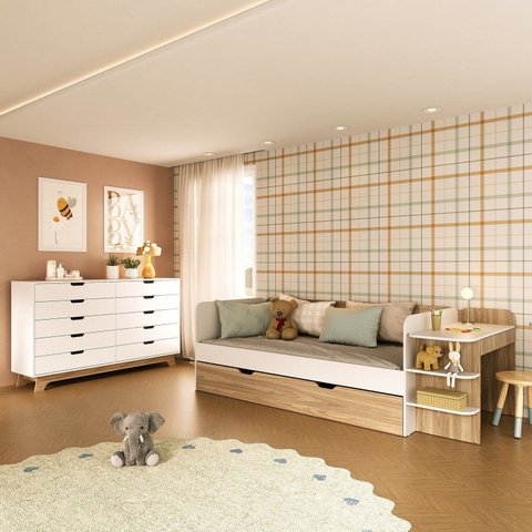 Quarto Infantil Cama de Solteiro 3 em 1 e Cômoda 10 Gavetas em MDF Premium Helena e Alice Branco/Louro Freijó Grann