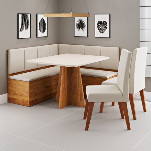 Conjunto Canto Alemão Baú com Mesa e 2 Cadeiras Scoth MDF Bege