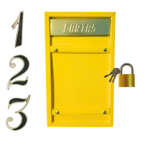Caixa Correio Carta Grade/embuti Portão Amarela +3 Número Pvc C/cadeado