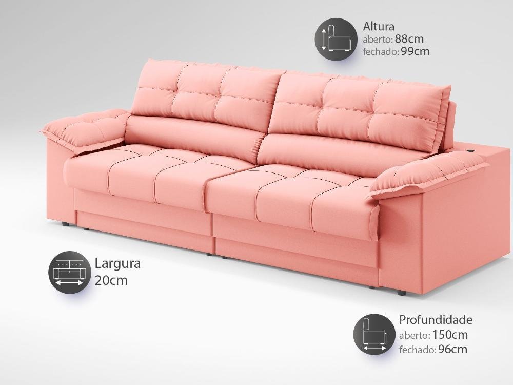 Sofá com Carregador Usb e Molas no Assento Retrátil Reclinável Mimo 2,00m Velosuede Rose - Netsofas	 - 2