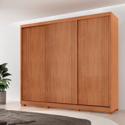 Guarda-Roupa Casal 100% MDF 3 Portas de Correr 4 Gavetas com 6 Prateleiras e c/ Pés Chile Marrom/Mar