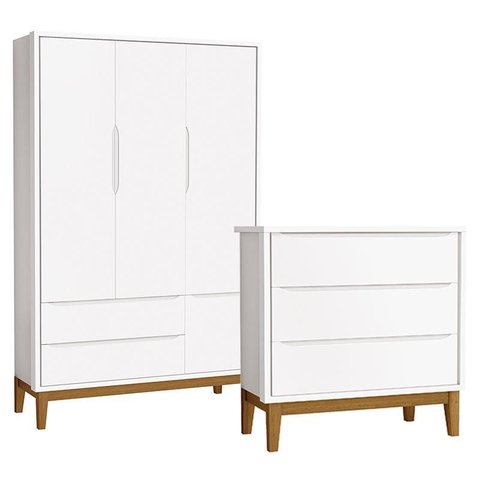 Cômoda Gaveteiro com Guarda Roupa Infantil 3 Portas New Classic Branco com Pés Madeira - Reller