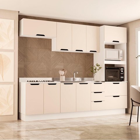 Cozinha Meena 5 Peças 270cm Armários Aéreos Torre Quente Balcões c/ Rodapé Branco/Creme 250061