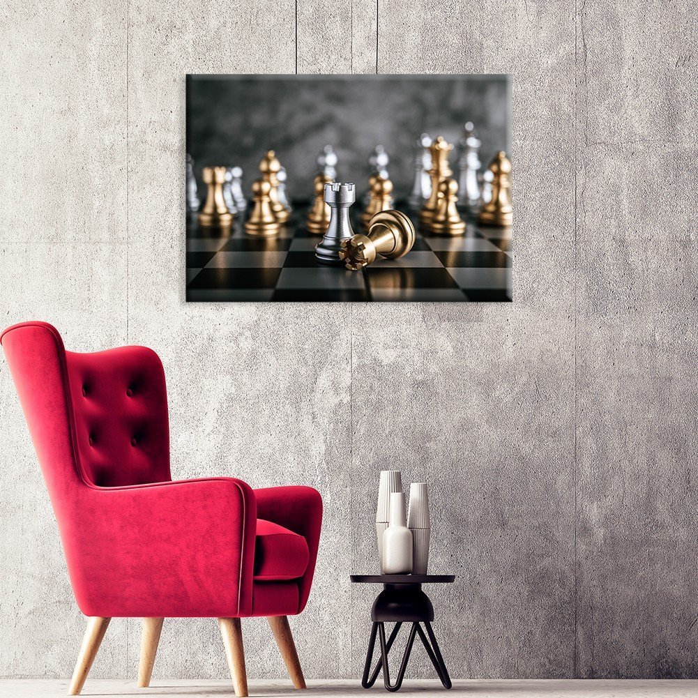 Tela decorativa com desenho de xadrez feita em tela com moldura de