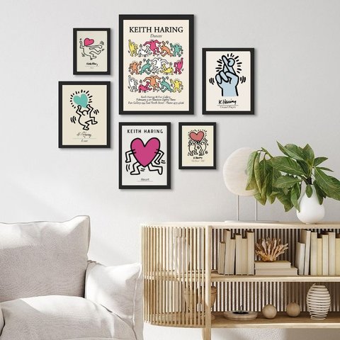 Kit Composição 6 Quadros Artes Keith Haring - com Vidro:madeira Preta