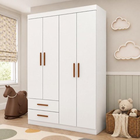 Guarda-Roupa Infantil 4 Portas 2 Gavetas com Cabideiro 118,5cm Multimóveis CR35558 Branco