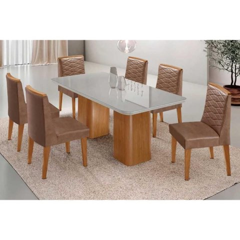 Conjunto Mesa Maldivas C/ Tampo Madeirado C/ Vidro Canto Curvo 180x90cm e 6 Cadeiras Maldivas