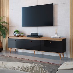 Rack Retrô para Sala de TV Até 60’ com Pés Palito 180 Cm Viena Preto Mel MDP - ClickLar - 1