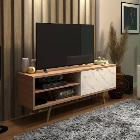 Rack para TV até 55 polegadas com 2 Portas 160cm R1482 Tecno Mobili Videira Amêndoa/Mármore Branco