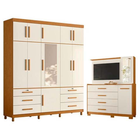 Guarda Roupa Casal Triton Plus 11 Portas com Espelho e Cômoda Ilhabela Cinamomo Off White - Móveis a