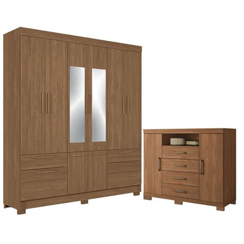 Guarda Roupa Casal 8 Portas Curitiba com Espelho e Cômoda Havana Master com Pés Jatobá Acetinado - S