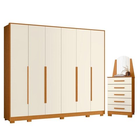 Guarda Roupa Casal Mercure 6 Portas e Cômoda New Veneza 05 Gavetas com Espelho Cinamomo Off White